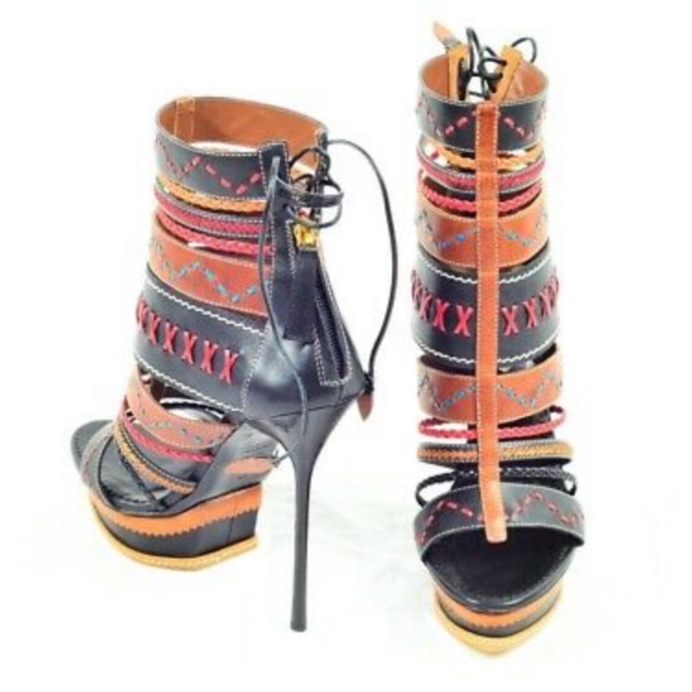 DSQUARED2 Leather Laces Strappy Embroidered Heels